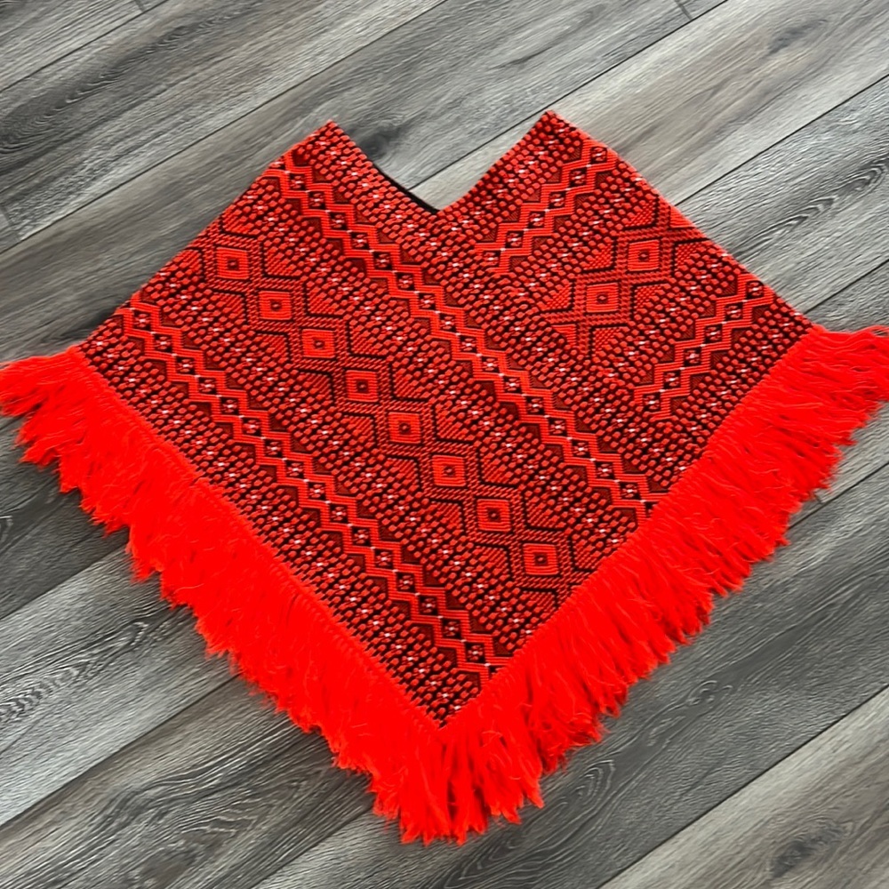 Vintage Aztec Boho Fringed Red Poncho